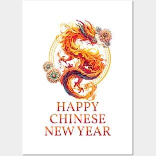 Happy Chinese New Year: Fiery Dragon Fantasia in Red & Orange Posters and Art